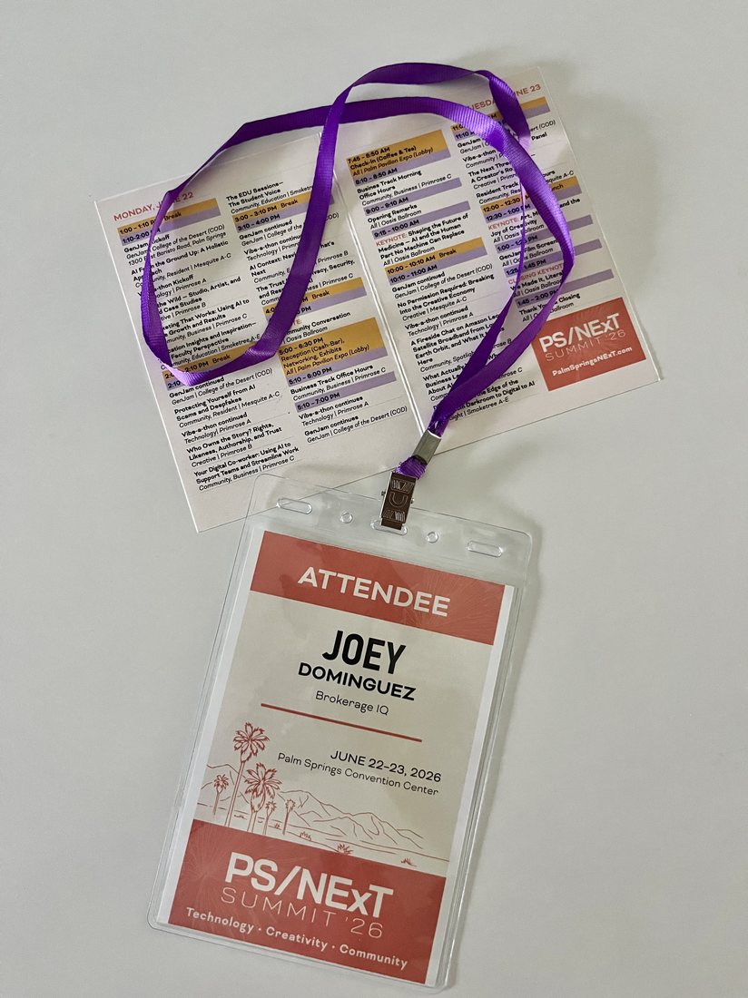 Joey Dominguez attendee badge for the PS/NExT Summit 2026 at the Palm Springs Convention Center, June 22-23, 2026.